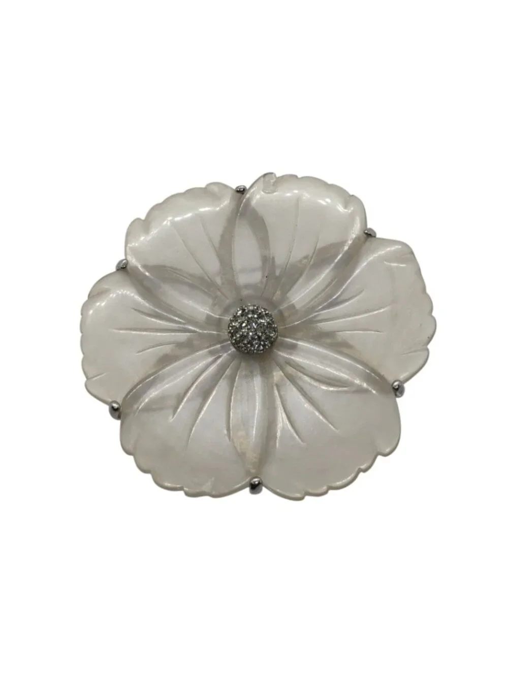 Vtg Large Statement Clear Carved Lucite Flower Brooch w/Rhinestone Center